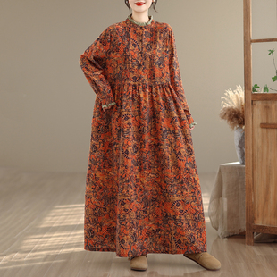 商场折扣外贸女装复古印花褶子花边领连衣裙女大码显瘦长袖A字裙