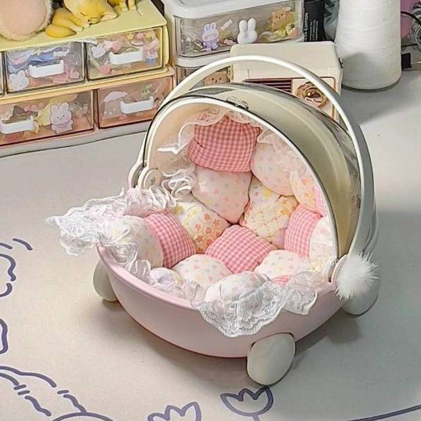 手提桌面摇篮收纳盒子棉花娃娃可爱宿舍好物零食筐婴儿车