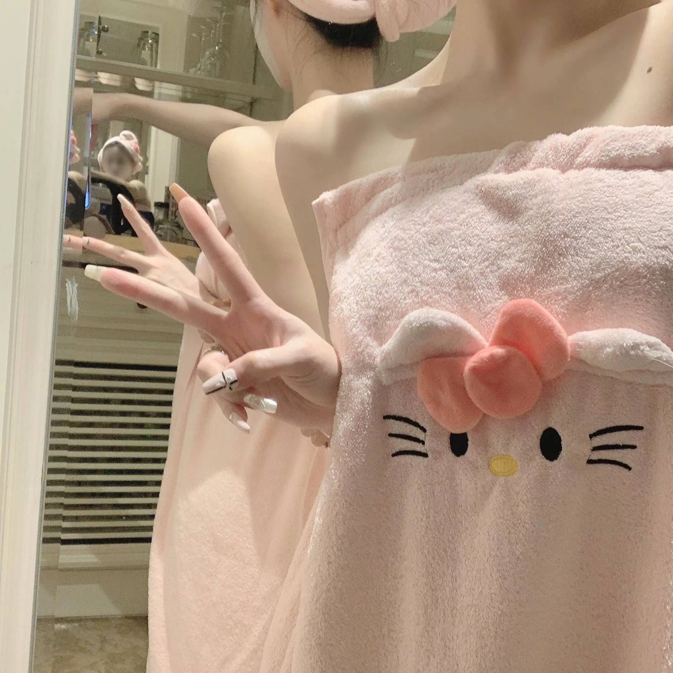 可爱猫浴巾可穿式吸水浴裙擦头发毛巾不掉毛珊瑚绒大裹巾