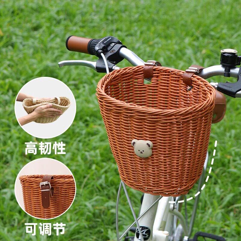 儿童自行车车篮复古编织车筐平衡车前篮筐溜娃神器车篓车篮子配件