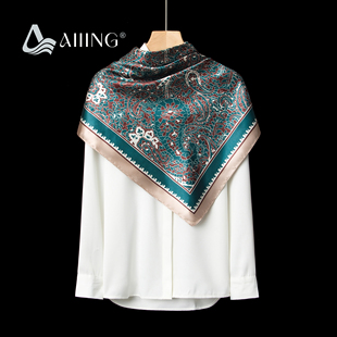 仿真丝双面印花披肩女墨绿佩斯利大方巾开春送礼小众质感送妈妈