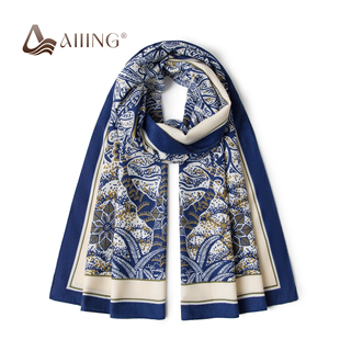 2026秋冬生命树之蓝印花仿羊毛长巾女民族风披肩通勤搭衣显气质