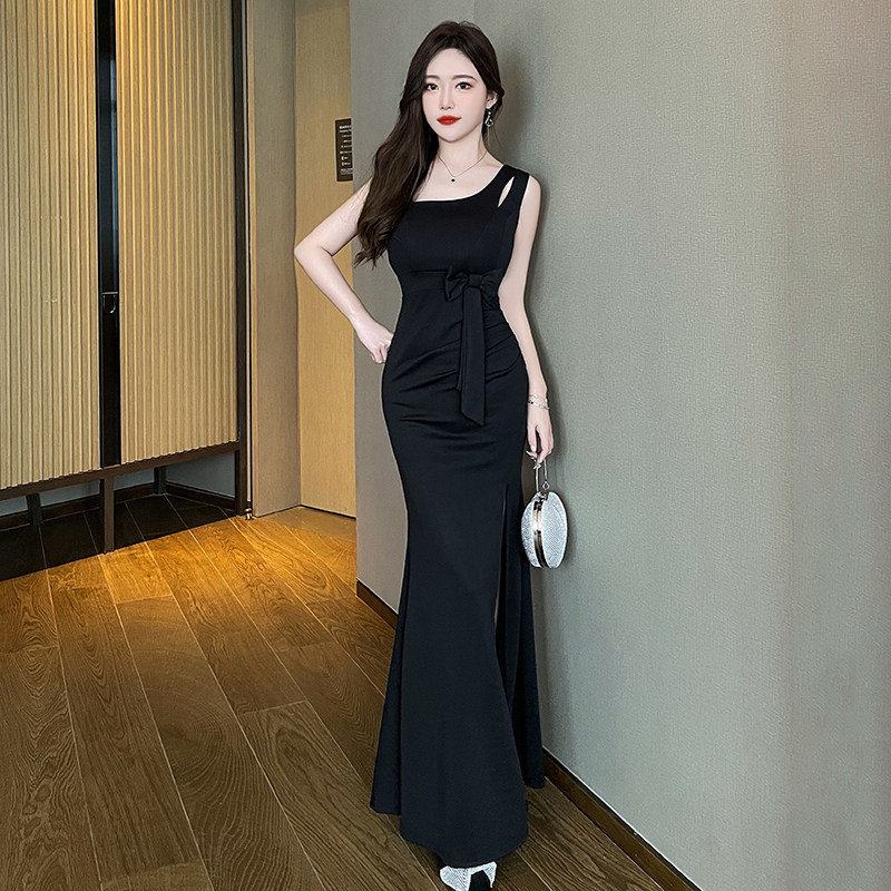 中国风伴娘宴会晚礼服桑拿足浴k歌spa技师工作服气质显瘦开叉长裙