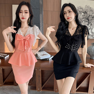 2025网红少女性感假两件透视蕾丝拼接遮肚短袖荷叶边包臀连衣裙潮