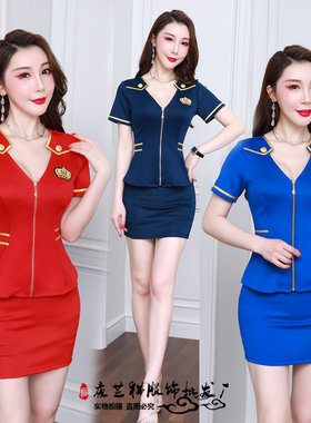 2022新款低胸拉链洗浴按摩服性感空姐制服套装足浴桑拿技师工作服