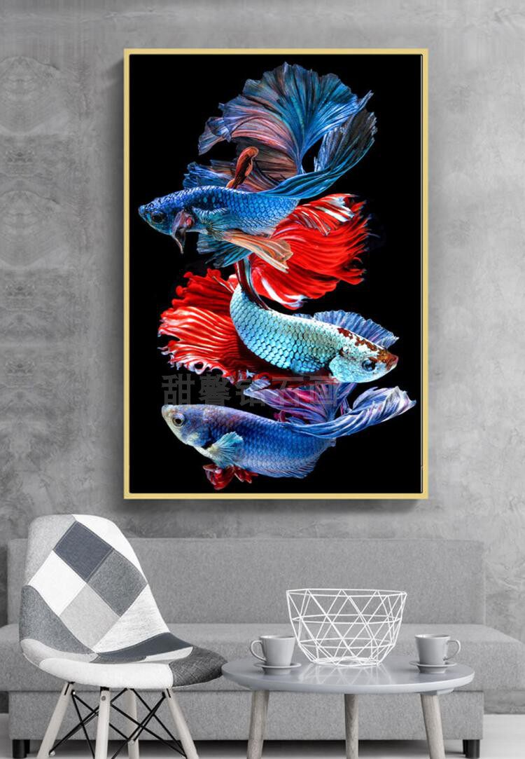 客厅走廊DIY方钻满贴钻石画三条七彩鱼孔雀鱼玄关竖版点钻十字绣