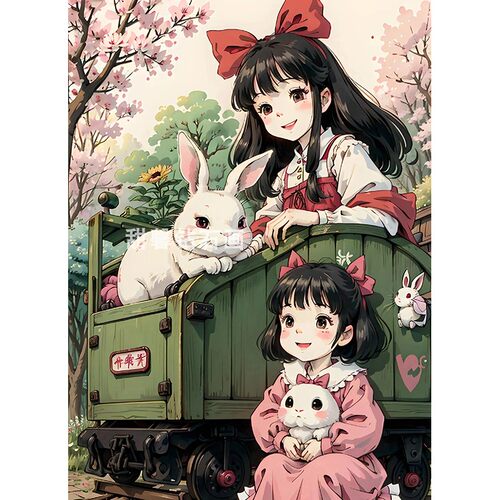 动漫DIY方钻满钻钻石画粘贴钻印花十字绣两个小女孩与大小白兔子