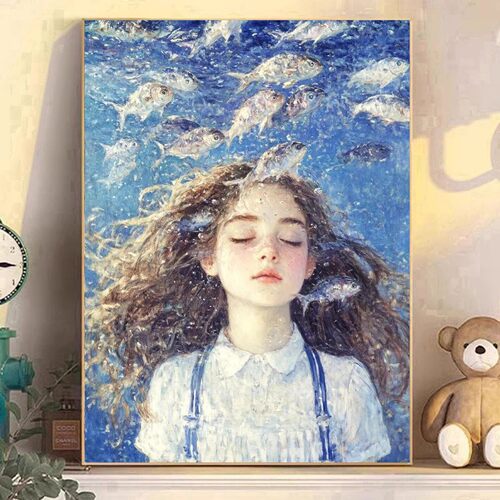 DIY树脂方钻满钻钻石画海水鱼群冥思的少女手工粘贴钻钻石绣带钻