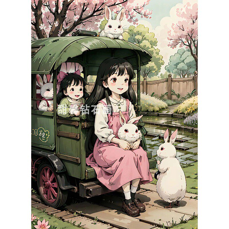 DIY方钻满钻钻石画贴钻十字绣春天公园小火车上的小女孩与小兔子