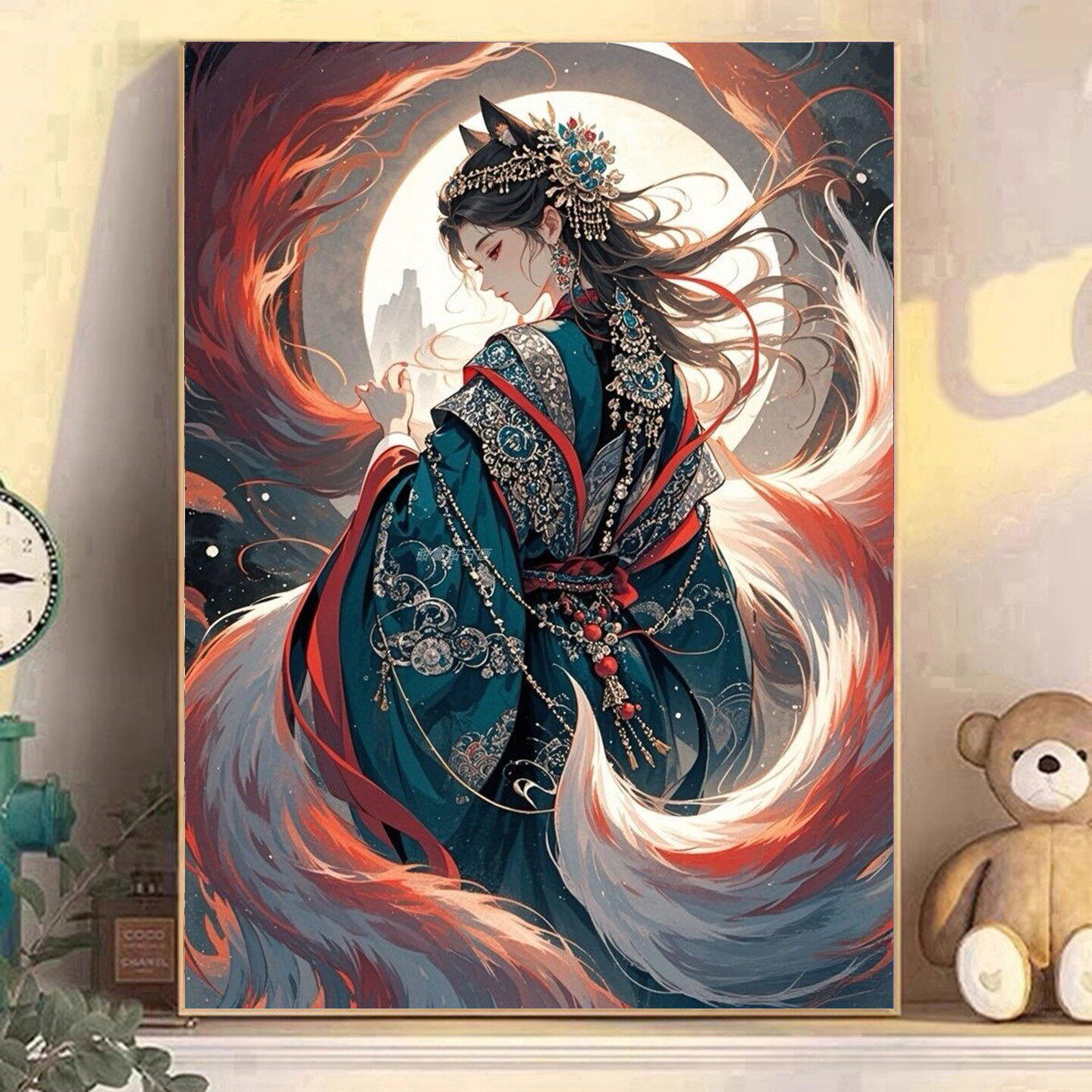 古风DIY手工贴钻树脂方钻满贴钻钻石画砖石绣带钻帅哥九尾狐背影图片