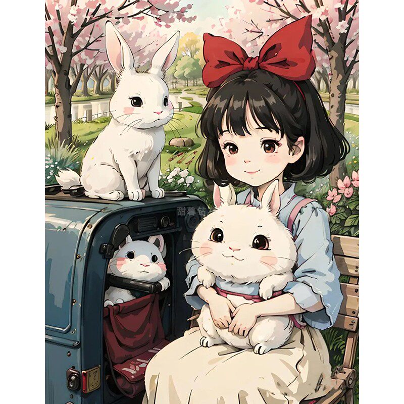 diy方钻满钻钻石画贴钻印花十字绣带钻套件花园里的小女孩与兔子