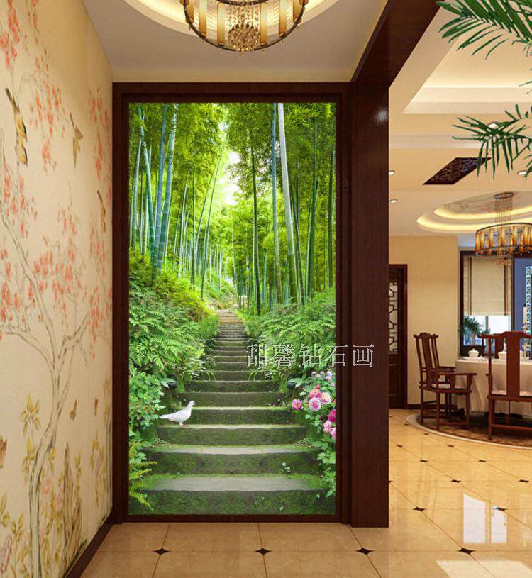 过道门厅方钻满钻钻石画镶钻十字绣3D竹林阶梯玄关竖版风景背景墙