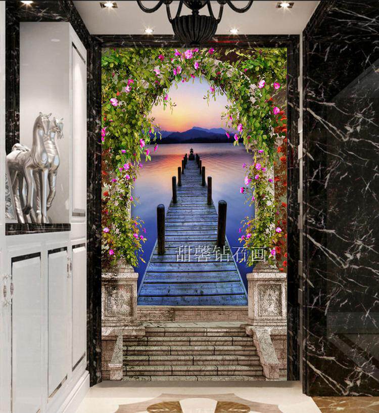 欧式3D立体爱情海边栈道风景玄关竖版全贴钻十字绣DIY钻石画满钻