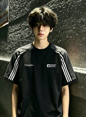 美式重磅三条杠宽松短袖T恤男