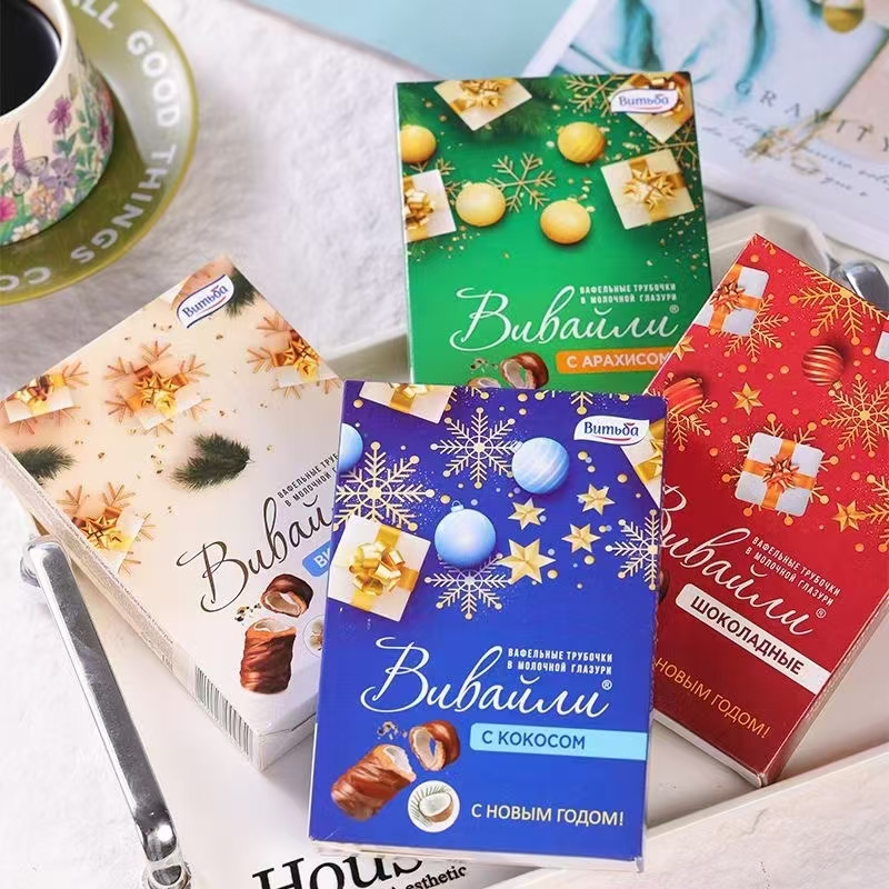 白俄罗斯进口维特巴牌夹心椰蓉花生巧克力冰淇淋蛋卷威化饼干95g