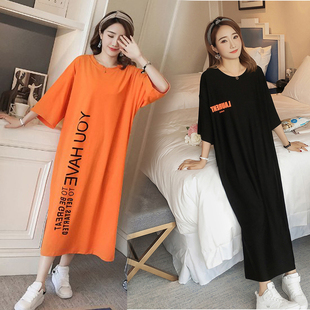 夏天韩版胖mm180斤肥大款睡衣女士中袖长款过膝长裙孕妇棉质睡裙