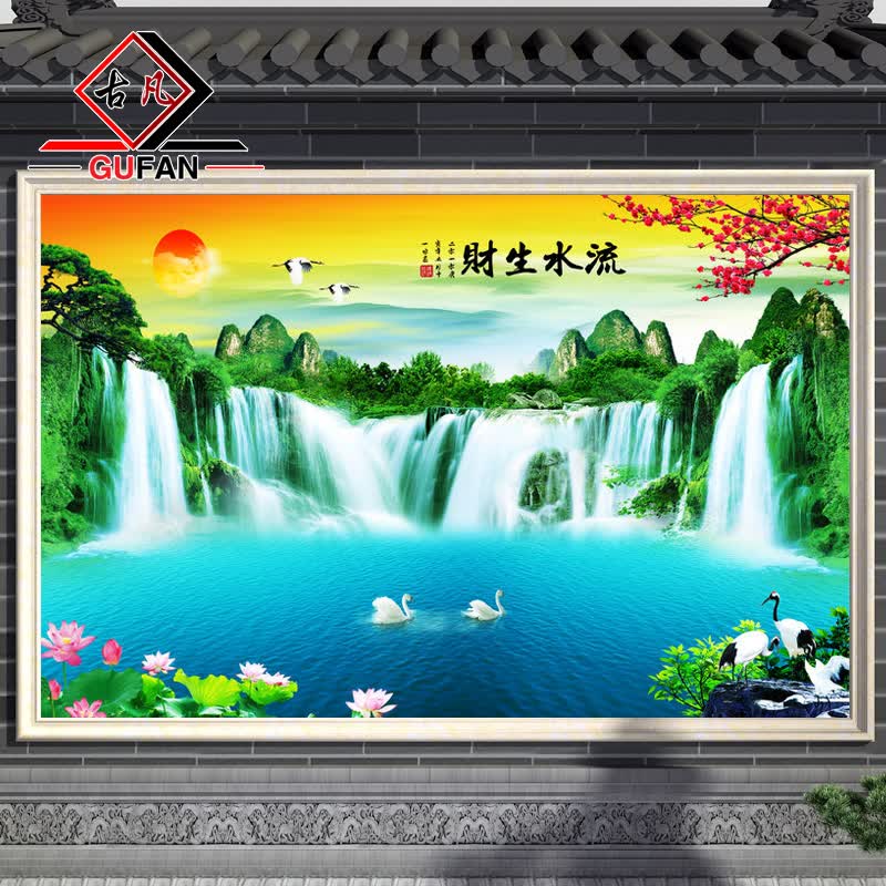 别墅户室外围墙砖瓷砖背景墙流水生财庭院风水山水影壁墙风景国画
