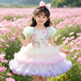 儿童六一舞蹈裙芭蕾女童小天鹅舞蹈服七彩幼儿园宝宝跳舞蓬蓬纱裙