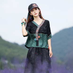 包邮中国风时尚复古唐装 宽松文艺范V领上衣 刺绣流苏提花短袖T恤