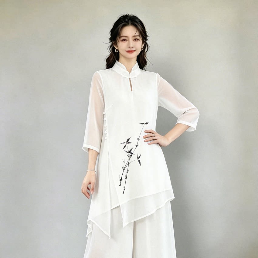 印花简约古风二件套装春夏茶服