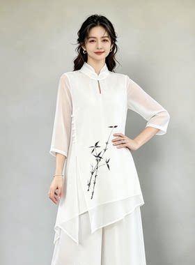 印花简约古风二件套装春夏茶服