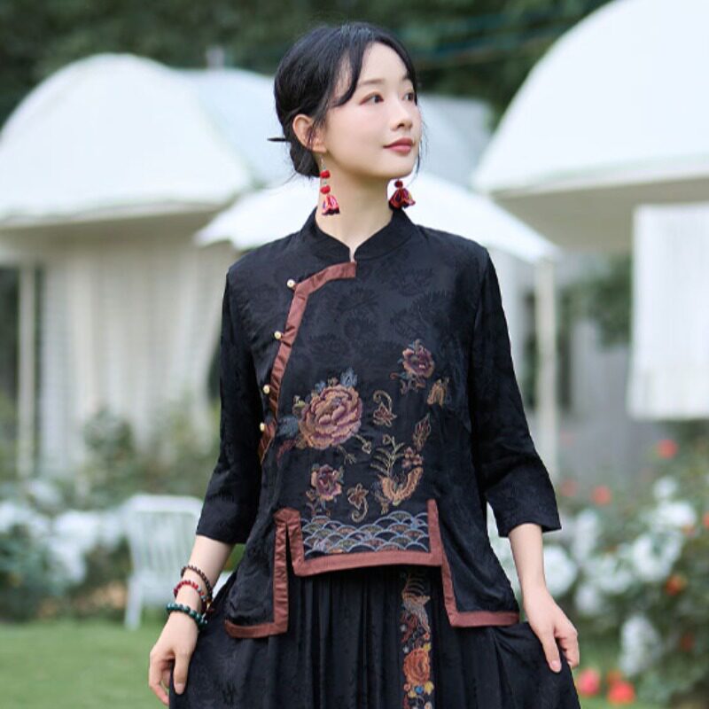 七分袖衬衫绣花国潮唐装