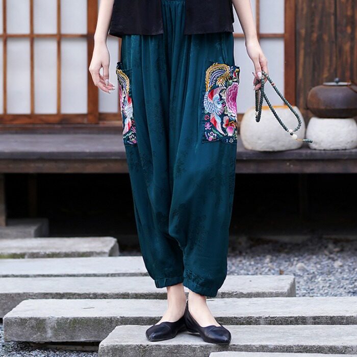 包邮民族风复古宽松灯笼裤 超宽松松紧腰双口袋提花绸缎 垮裆裤女