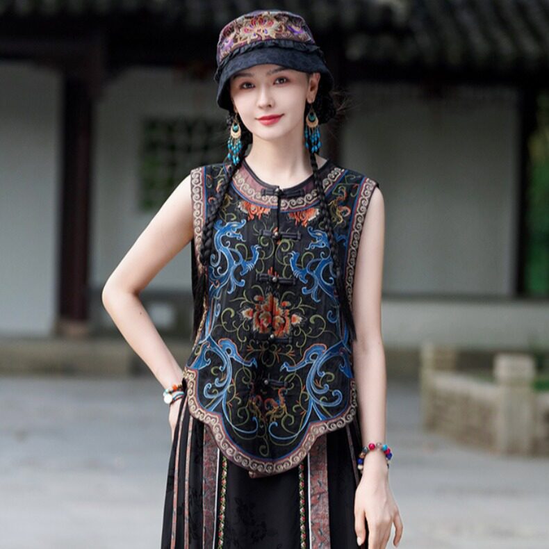 开衫中式复古圆领刺绣女马甲