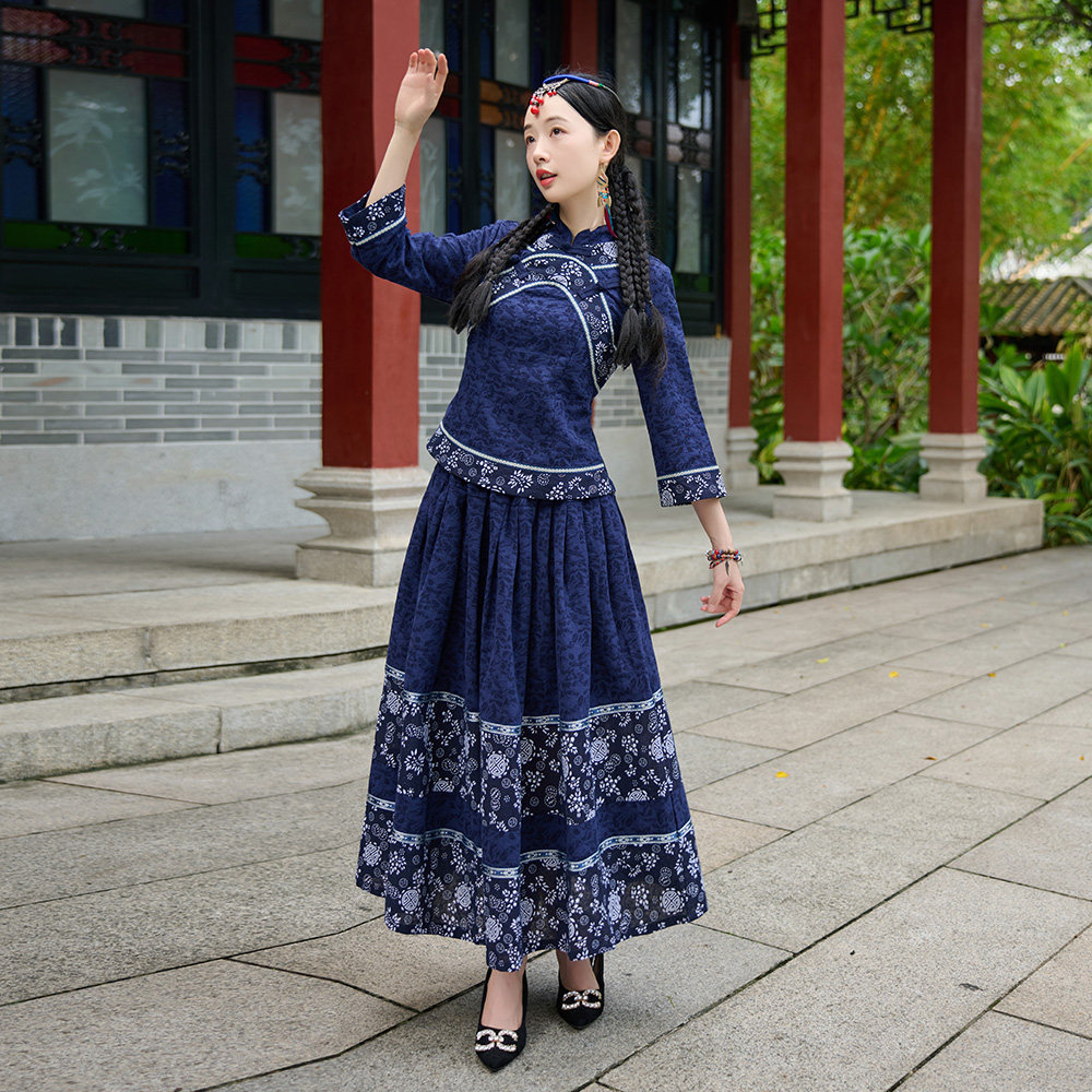 秋冬复古女装 九分袖衬衫上衣+印花拼接松紧半身裙 唐装二件套 女