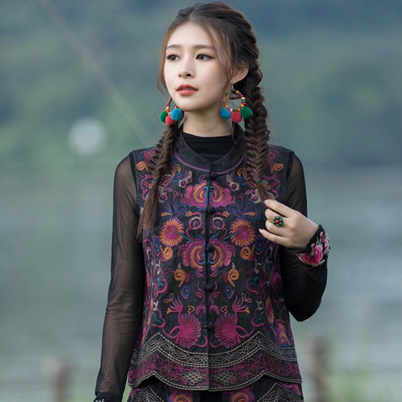 包邮 中国风复古秋冬古装马甲 重工刺绣花盘扣小立领开衫 女马夹