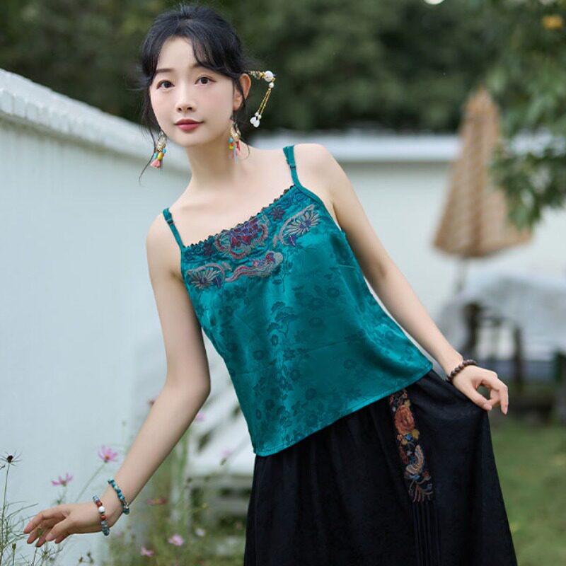 吊带刺绣花女背心国潮复古