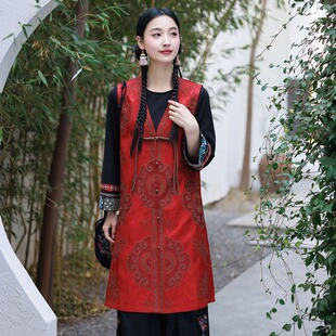 2025民族风春秋中长款马甲 中国红刺绣花V领开衫 中式坎肩 女马夹