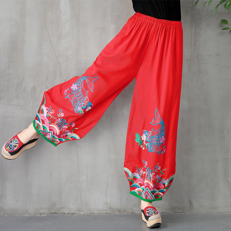 包邮中国风秋冬厚棉麻长裤 重工刺绣鲤鱼 松紧腰棉麻宽松灯笼裤女