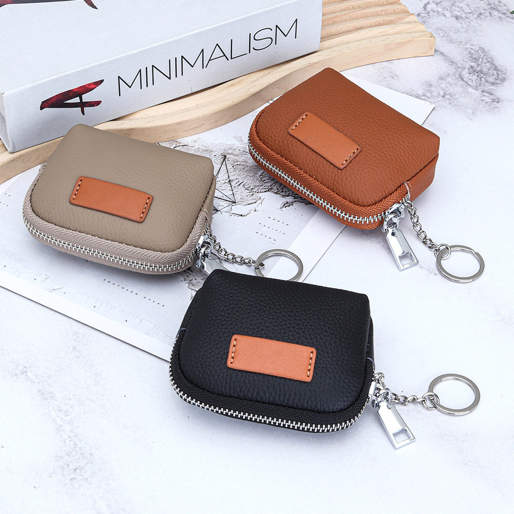 头层牛皮迷你拉链零钱包女式新款简约卡片证件收纳包真皮硬币包女