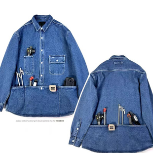 日系户外牛仔夹克复古文艺牛仔衬衣春秋外套廓版口袋机能夹克牛仔
