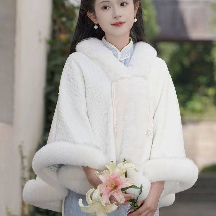睿苑汉服披肩斗篷女秋冬加绒加厚新款披肩旗袍气质高端保暖外套