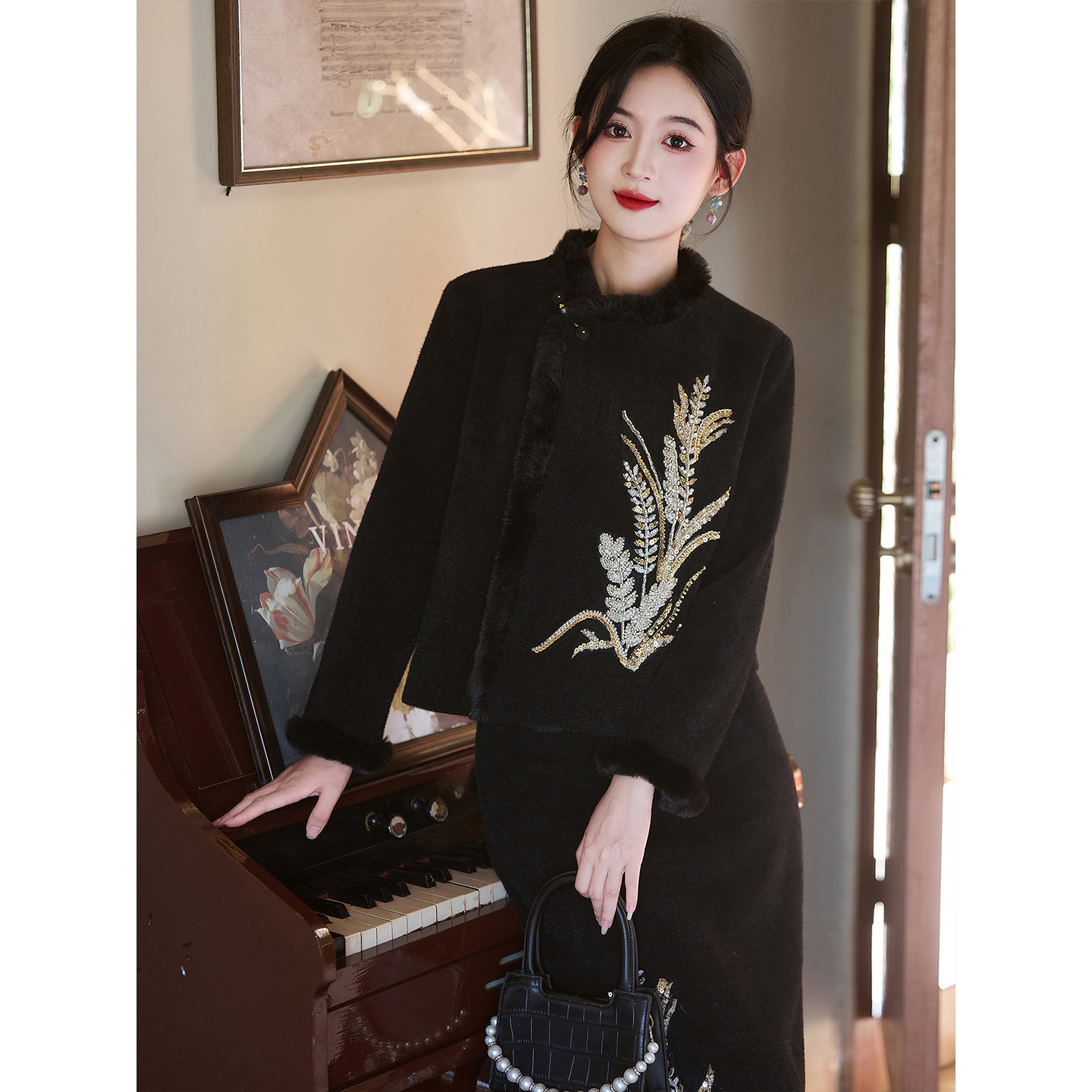 黑色套装新中式旗袍改良秋冬季长袖年轻款加绒加厚女千金风