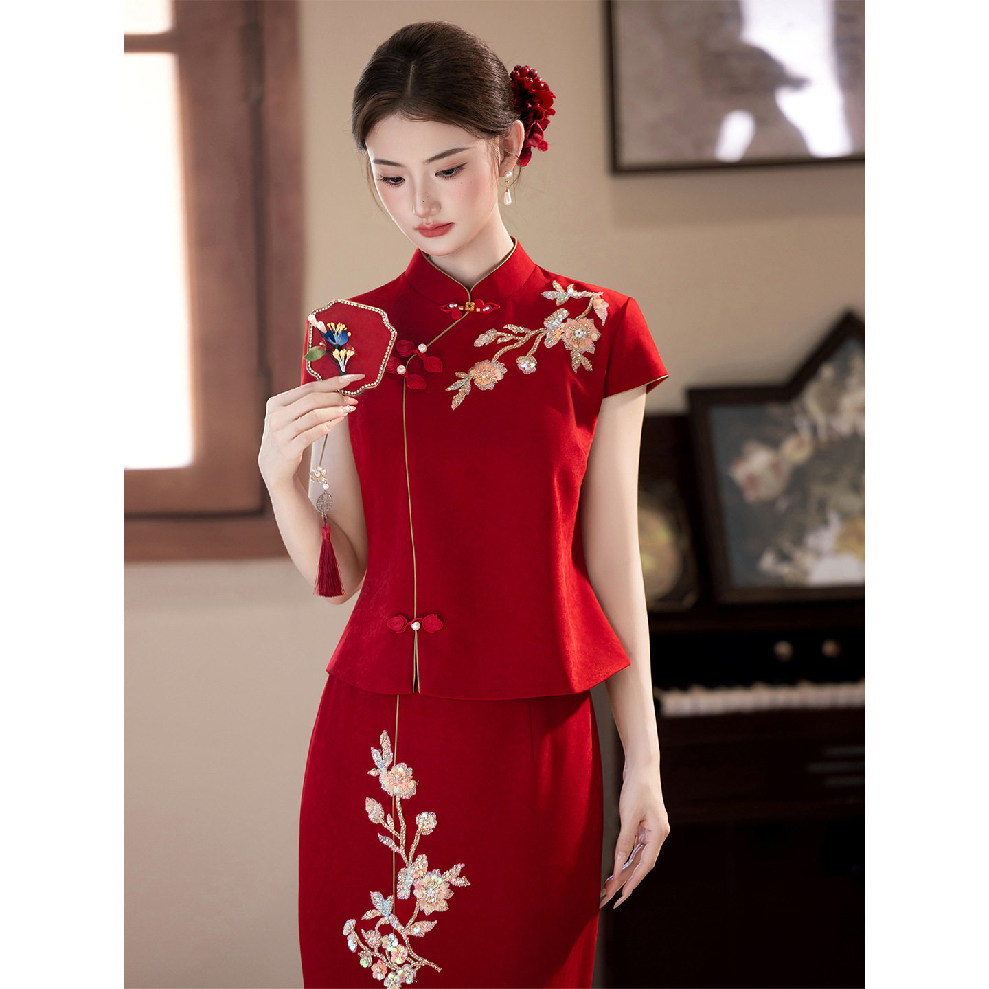 新中式红色套装旗袍敬酒服婚礼订婚礼服回门礼服裙两件套秋季新款