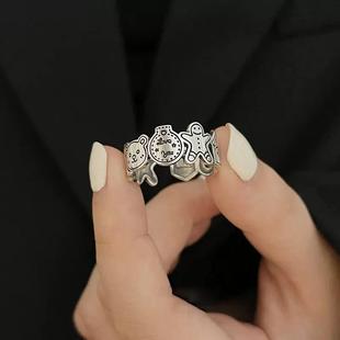 圣诞节小礼物s925纯银姜饼人戒指女冷淡风时尚个性小熊开口食指戒