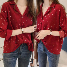 排扣上衣衬衣打底衫 港味波点印花雪纺衬衫 女 2019初秋女装 长袖