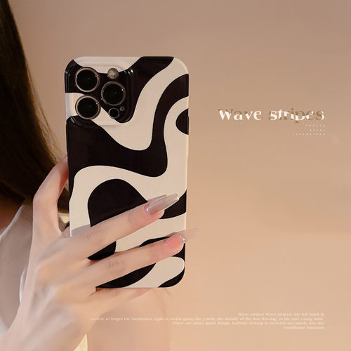 黑色波浪纹15promax适用iPhone17苹果手机壳16简约条纹12菲林14硬