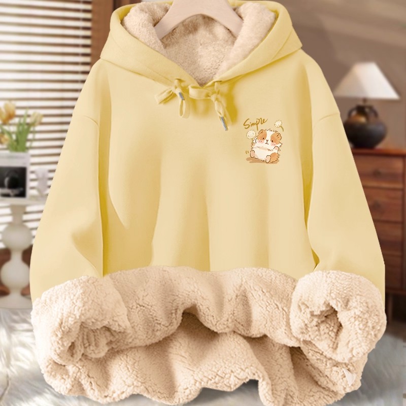 2025新款冬季羊羔绒连帽卫衣女加绒加厚韩系chic套头上衣中学生冬