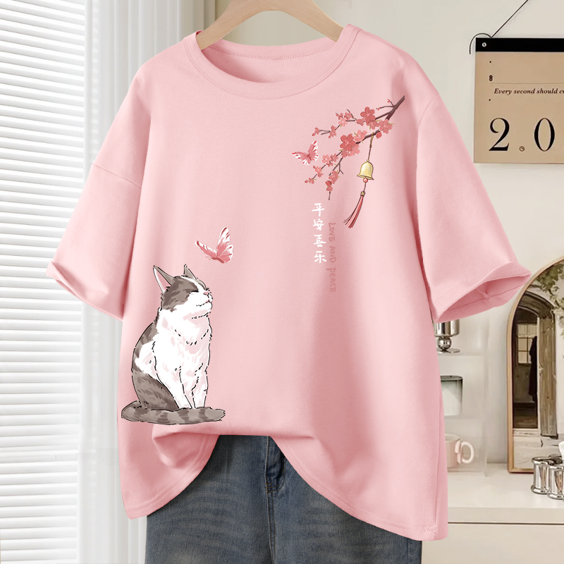 国风短袖女t恤2025新款夏季甜美半袖上衣服夏款学生透气粉色女装