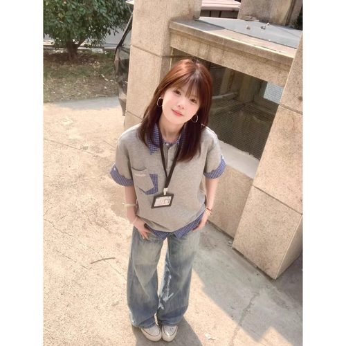 假两件撞色口袋polo衫女夏季衬衫