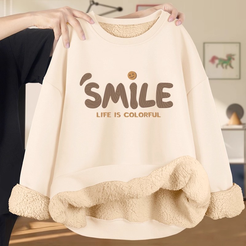 羊羔绒圆领卫衣女2025新款冬季加绒加厚套头长袖内搭巨好看的女装