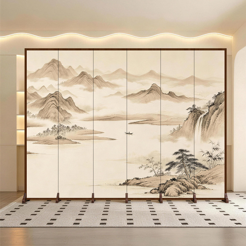 屏风隔断客厅办公室可折叠移动式带滑轮新型新中式山水画2026新款图片