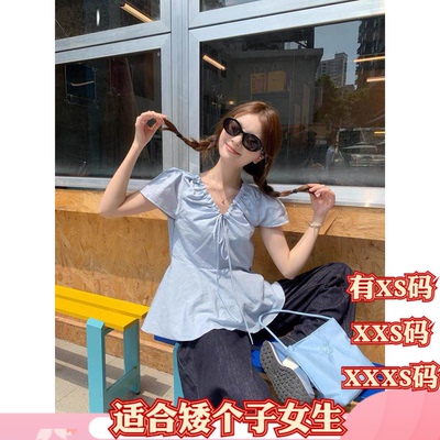 夏装矮个子加小码XXXS女装150cm显高V领绳系带短袖衬衫女收腰小衫
