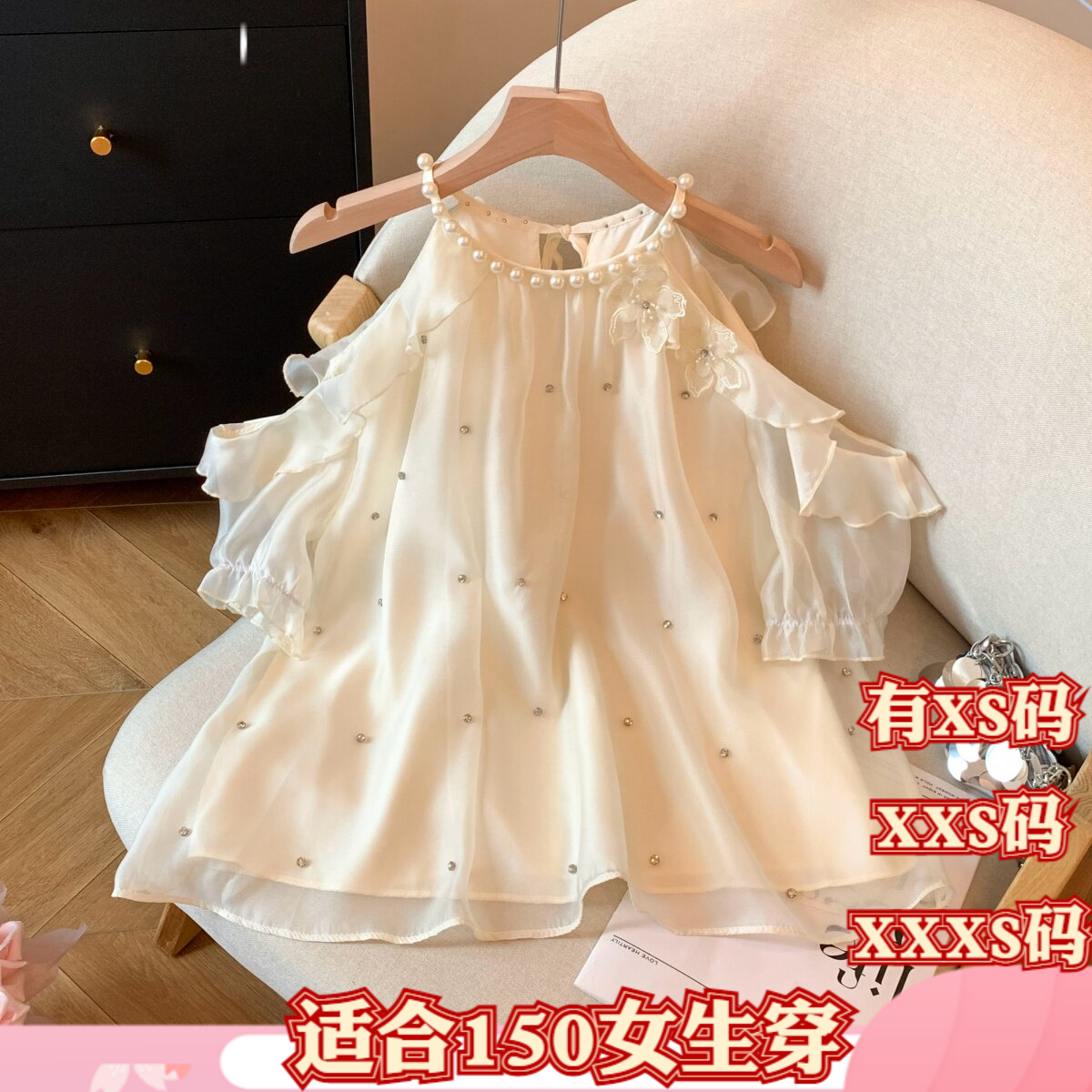 加小码XXXS女装矮个子显高夏装露肩立体花重工钻百搭雪纺衫打底衫