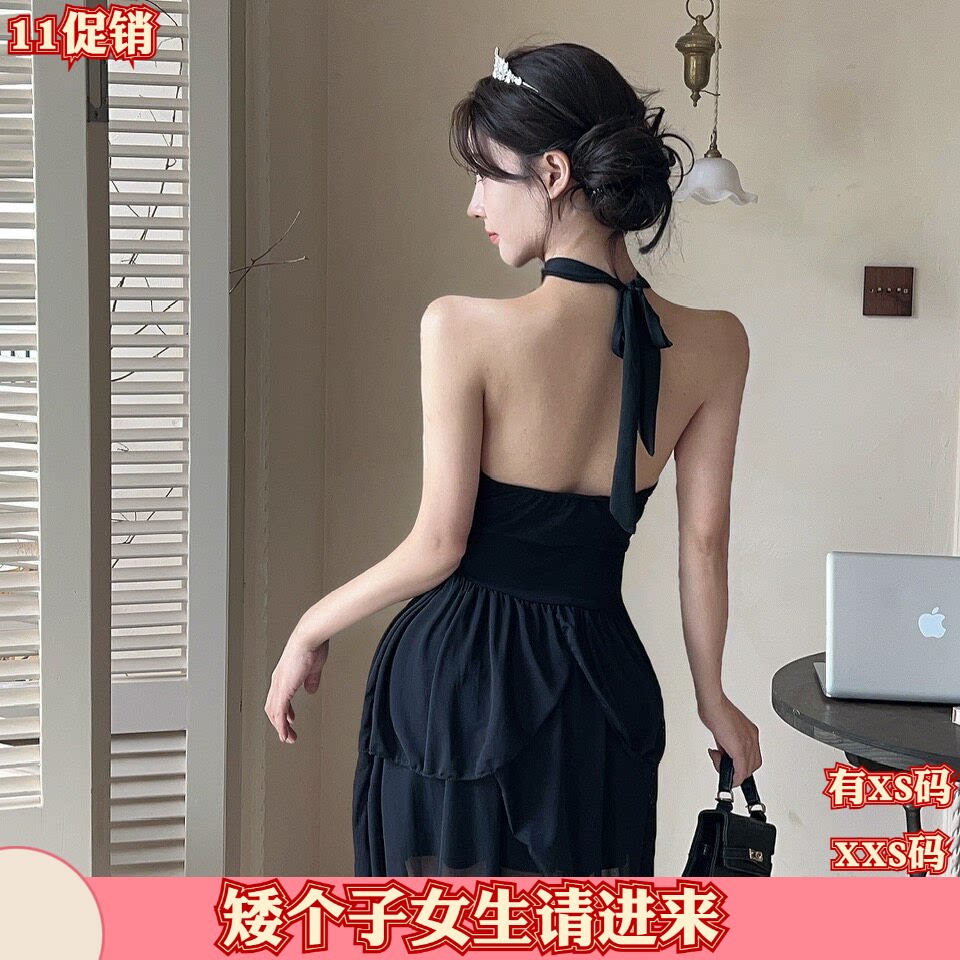 新款秋季150cm小个子新款XXS女装挂脖裙V领高腰收腰网纱A字连衣裙