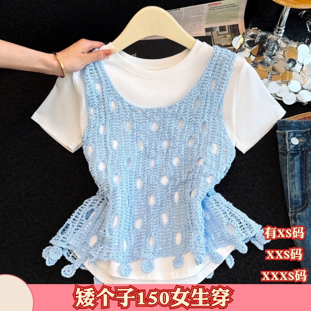 矮个子夏装加小码XXXS女装150cm显高短袖T恤背心两件套2026别致女
